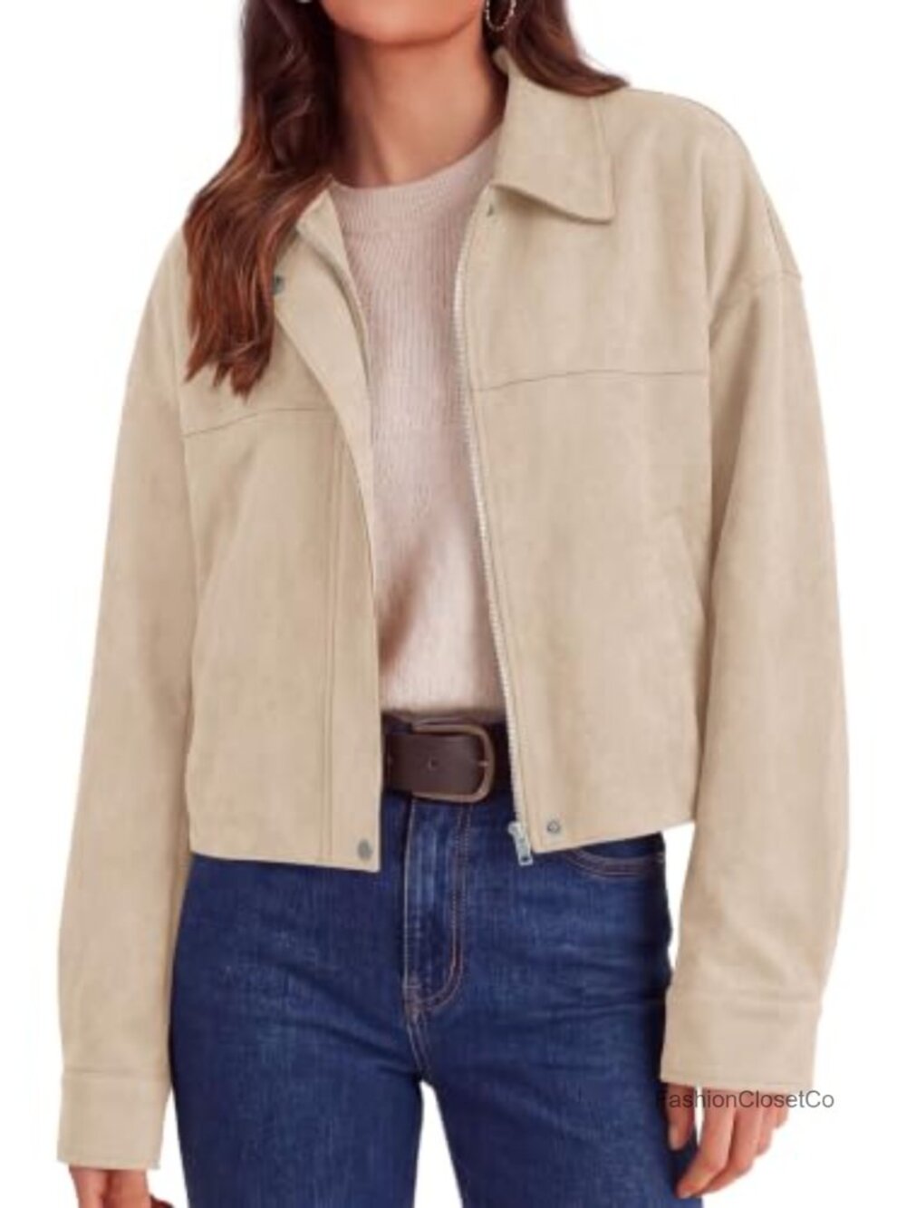 Faux Suede Cropped Zip Up Jacket Lapel Collar Long Sleeve Fall Coat